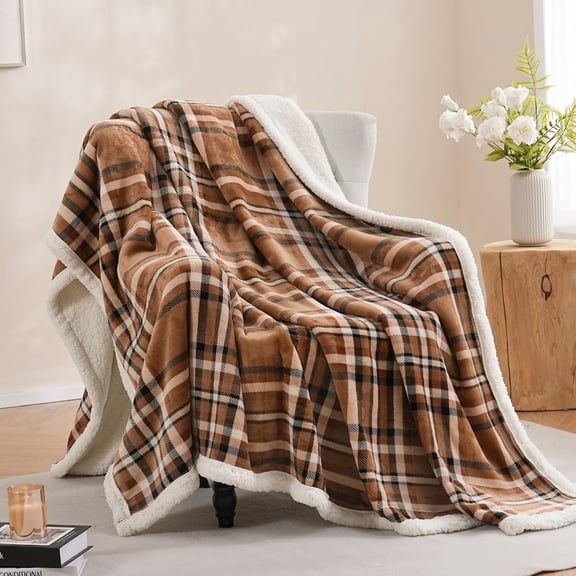 Sherpa Fleece Throw Blanket 60" x 80" Reversible Plush Fluffy Large Big Blanket Lattice Flannel Blankets for All Season Use, Mocha Brown