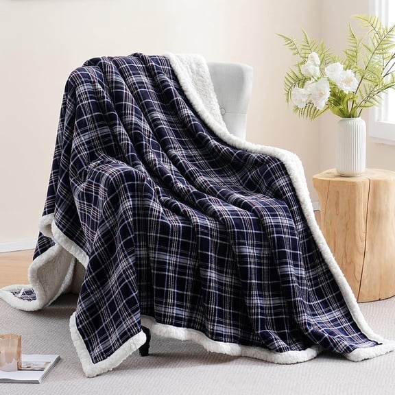 Sherpa Fleece Throw Blanket 60" x 80" Reversible Plush Fluffy Large Big Blanket Lattice Flannel Blankets for All Season Use,Navy Blue Check