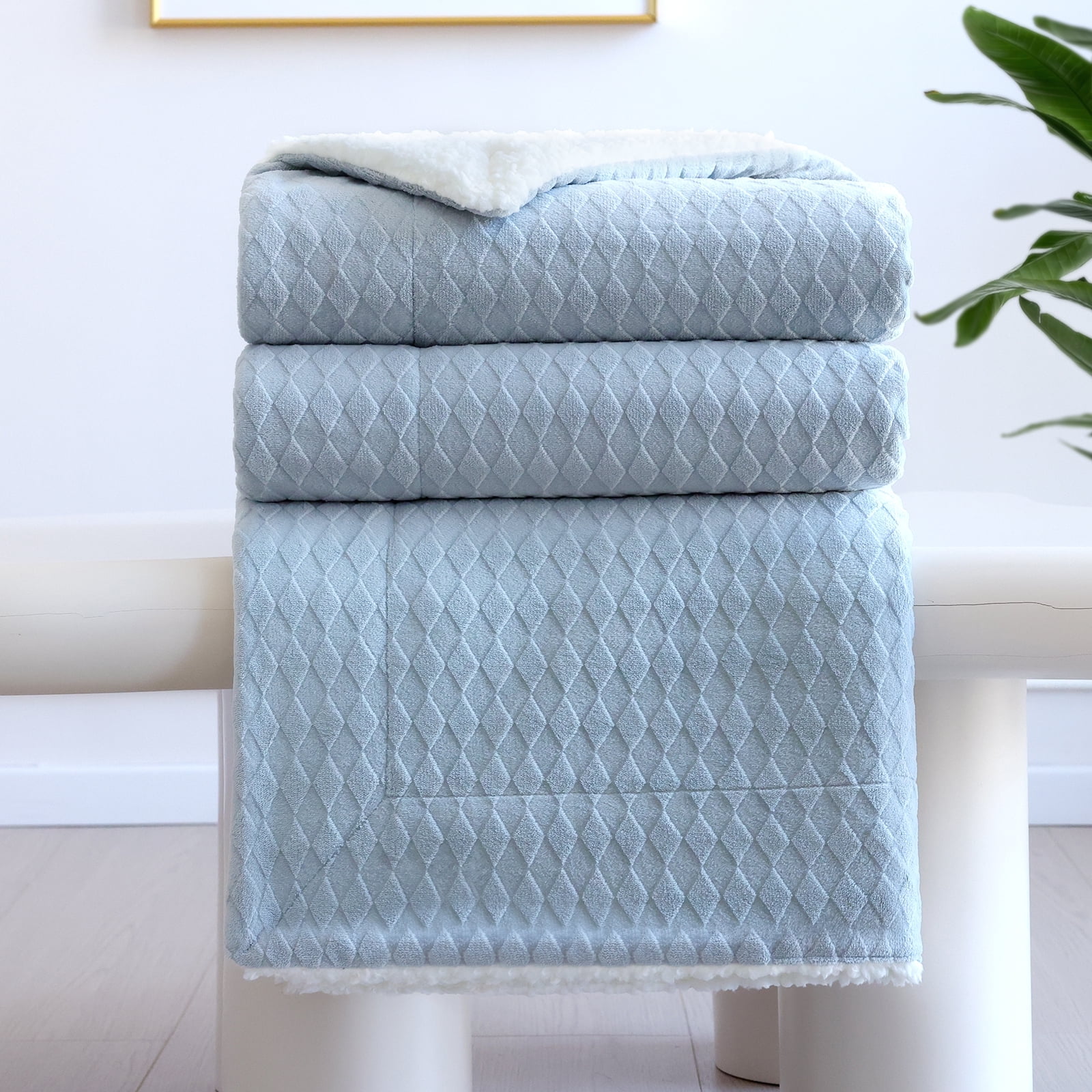 Sherpa Fleece Throw Blanket Twin Size 60"x80", Unique Rhombic Jacquard