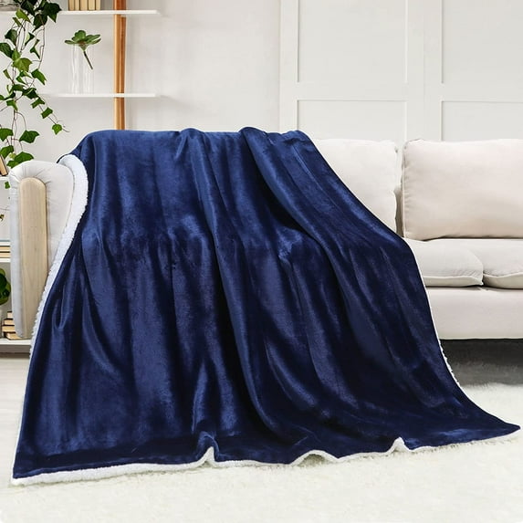Sherpa Fleece Throw Blankets for Winter Super Soft Flannel Wool Like Reversible Velvet Plush Couch Blanket Lightweight(Navy Throw Size 50"x60")