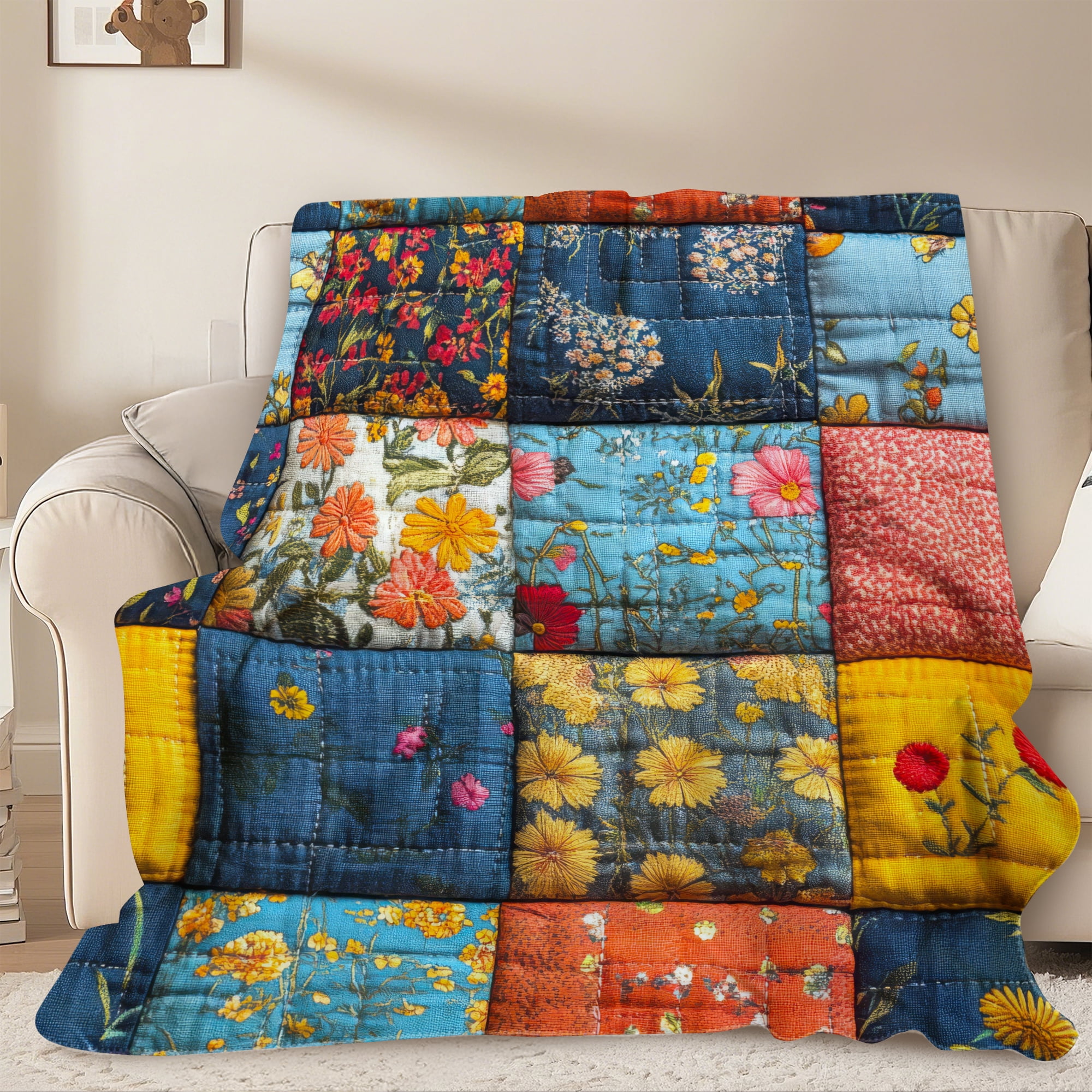 Sherpa Fleece Twin Blanket 60"x80" Reversible Plush Fluffy Blanket, Double-Layer Super Soft Flannel Blanket for Sofa, Couch, Bed, Patchwork Floral Pattern