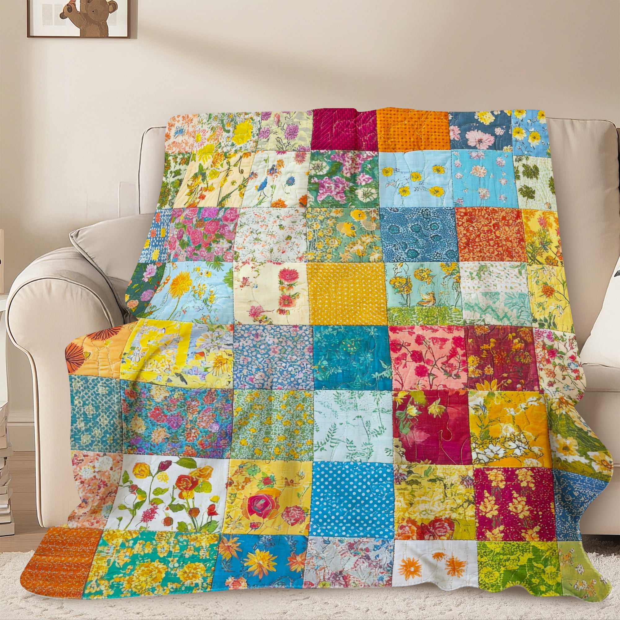 Sherpa Fleece Twin Blanket 60"x80" Reversible Plush Fluffy Blanket, Double-Layer Super Soft Flannel Blanket for Sofa, Couch, Bed, Patchwork Floral Pattern