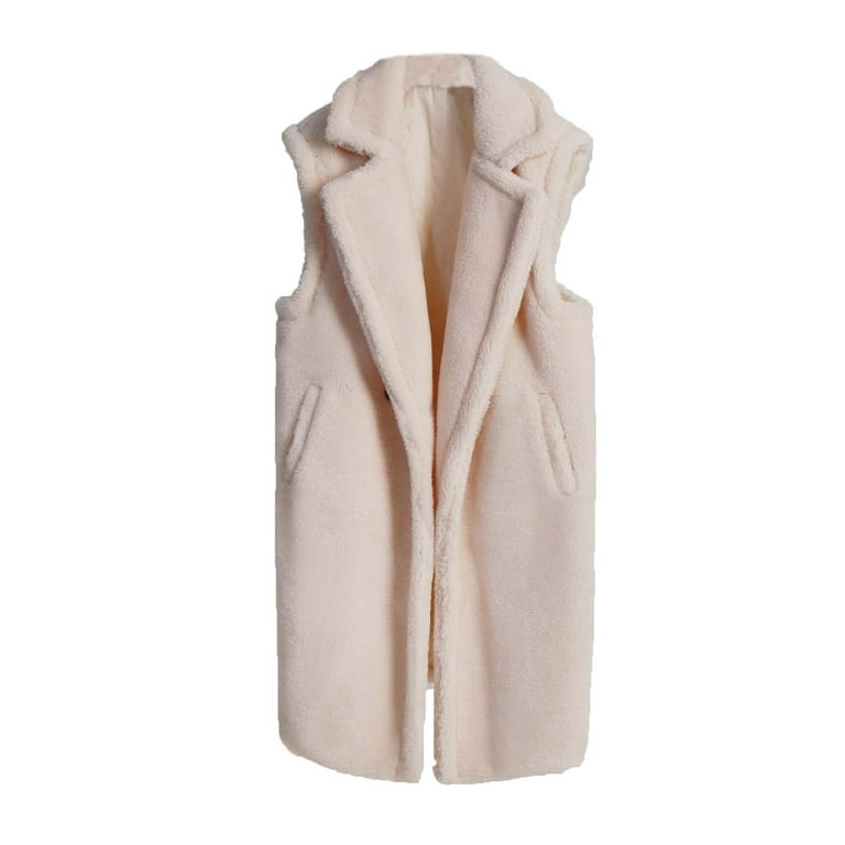 Sherpa Fleece Vest Jackets for Women Winter Casual Mid Long Coat Notched  Collar Sleeveless Double Breasted Waistcoat (3X-Large, Beige)