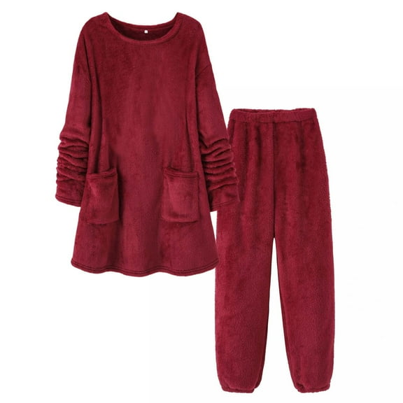 Sherpa Fleece Warm Lounge Sets for Women 2024 Fuzzy Comfy Red Pajamas Winter Thermal Casual Tops and Pants Suit with Pockets