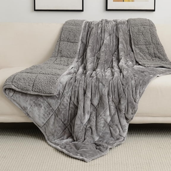Sherpa Fleece Weighted Blanket for Adult, 12 lbs Dual Sided Cozy Fluffy Heavy Blanket, Ultra Fuzzy Throw Blanket with Soft Plush Flannel Top, 48 x 72 inches, Grey on Both Sides
