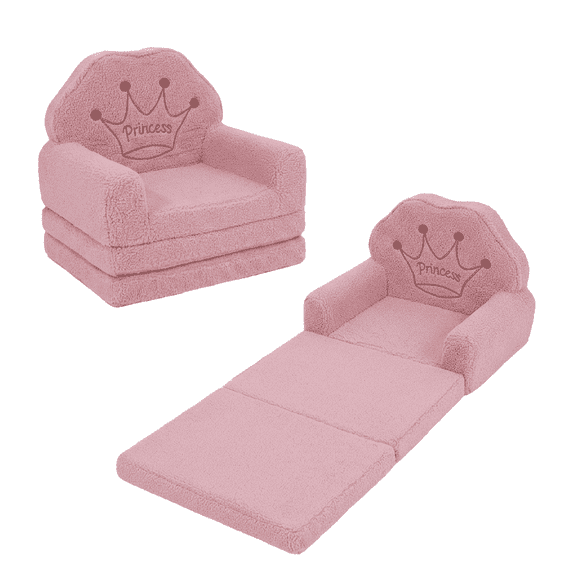 Generic 2-in-1 Kids Sherpa Foam Sofa Pink Crown Convertible Chair for Living Room and Playroom
