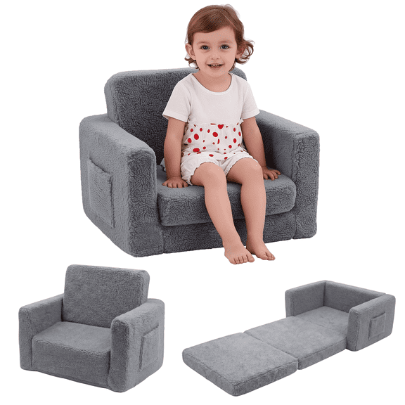 YLHO Gray Kids Sofa Chair for Bedroom, 2-in-1 Sherpa Foam Toddler Couch, Fold Out Sleeper, Gray