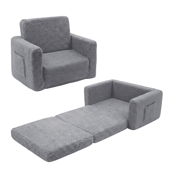 Generic Kids Sherpa Foam Sofa, Gray 2-in-1 Fold Out Comfort Chair for Living Room and Playroom
