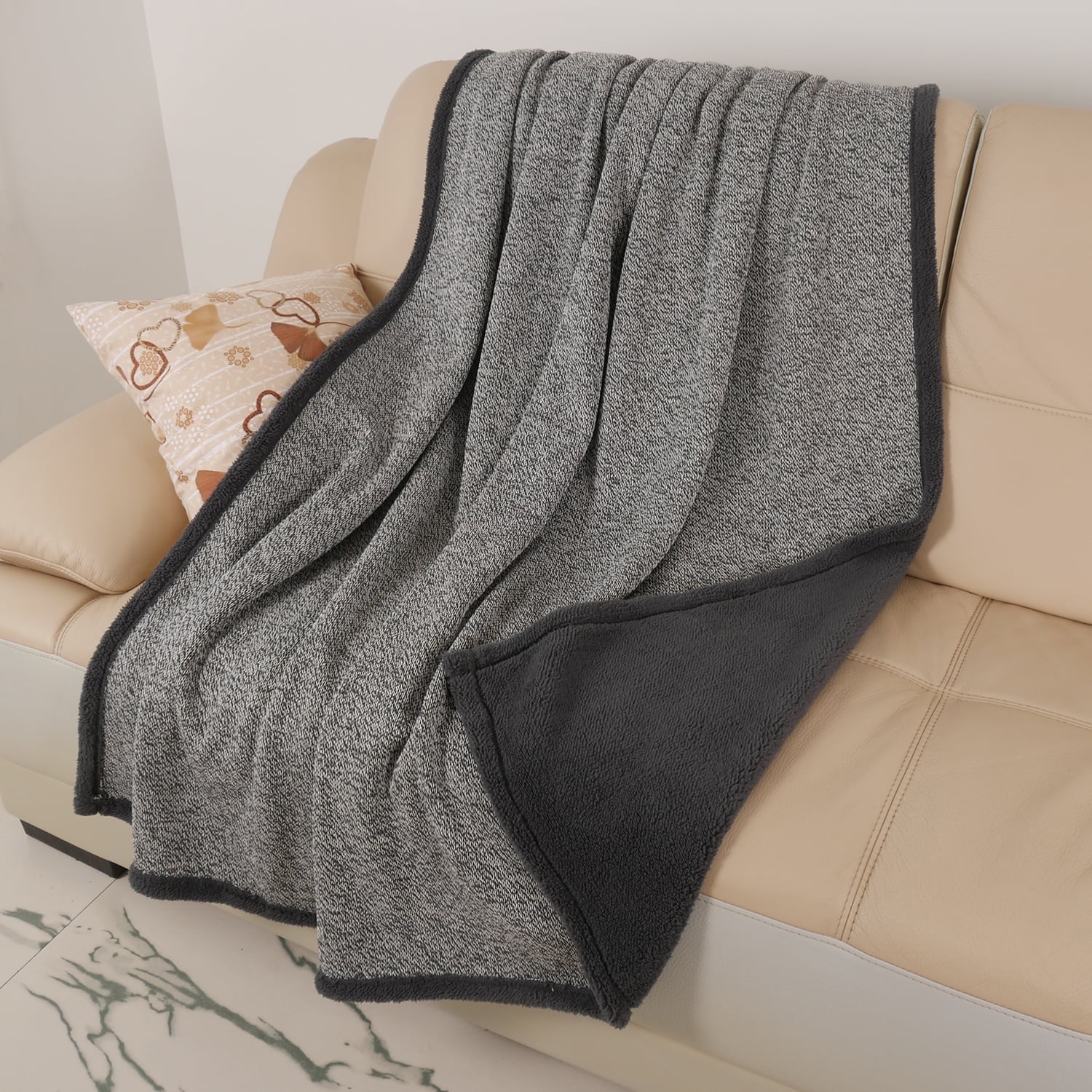 Dark Gray Reversible Sherpa Fleece Throw Blanket 60" x 50"
