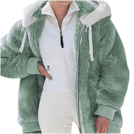 Sherpa Fuzzy jackets for women with hooded Long Sleeve Lightweight Faux Fur Coat Fashion Zipper Sweatshirt Winter Warm Outwear with Pockets