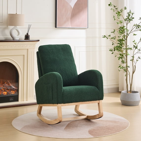Sherpa Glider Chair with High Back and Side Pocket, Rocking Accent Armchair for Nursery, Living Room and Bedroom, Green