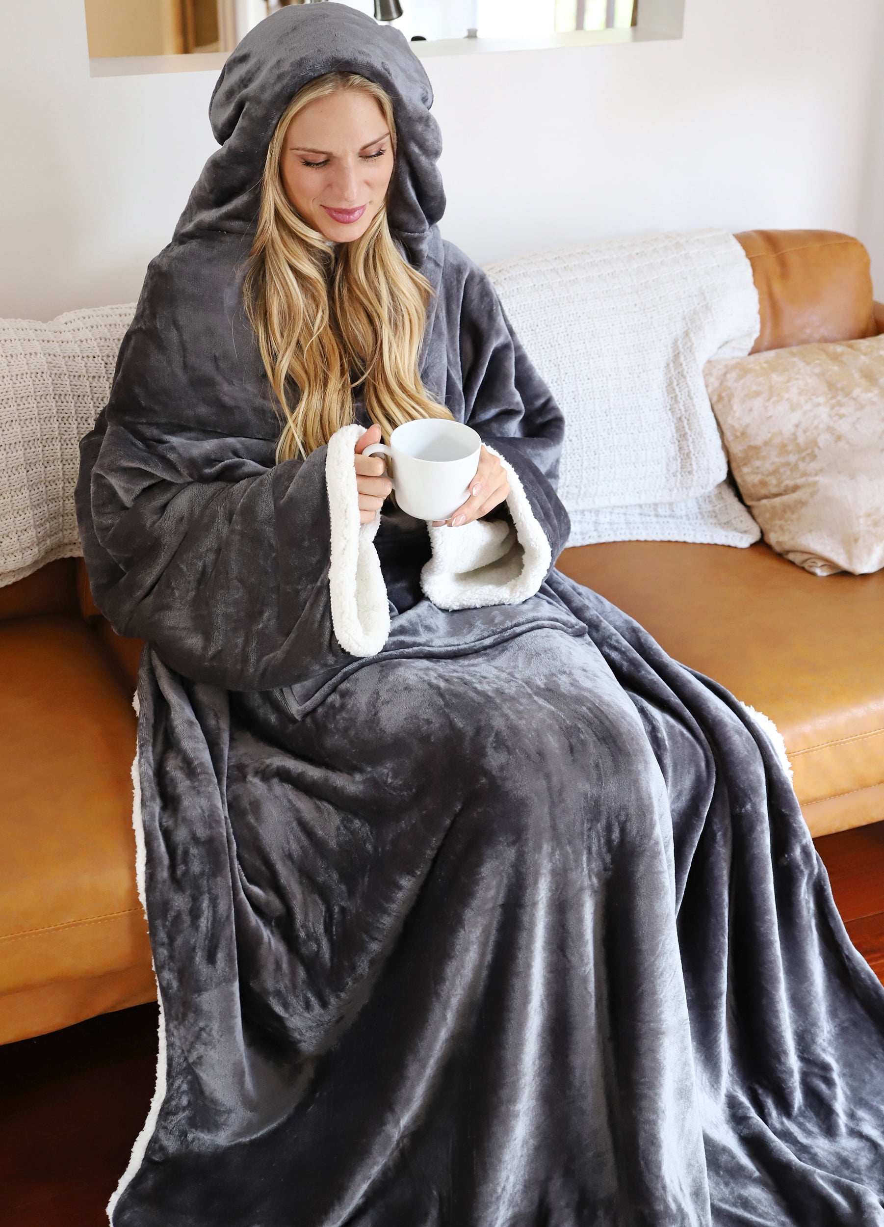 Sherpa Hood Wearable Blanket for Adult Women and Men, Super Soft Comfy Warm  Plush Throw with Sleeves TV Blanket Wrap Robe Hoodie Cover for Lounge Chair  Couch 72 x 55 Grey -