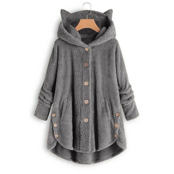 Sherpa Hoodie Women, Winter Fleece Jacket Women Pullover Hoodie Plus Size Fleece Hooded Sweatshirt Cat Ear Pocket Solid Warm Winter Oversized Outwear Womens Zip Up Hoodie