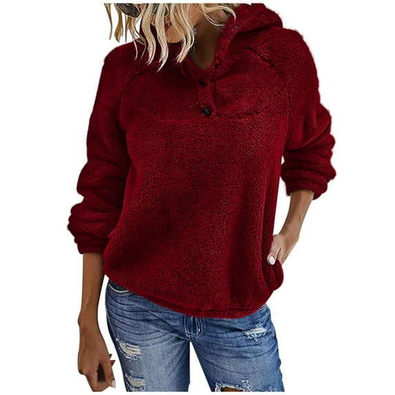 Sherpa Hoodies for Women Fall Winter Cozy Warm Lightweight Button Pullover Plain Hooded Fleece Sweater Fuzzy Tops (L, Red)