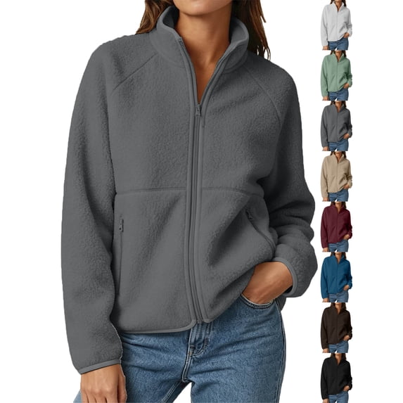 Fleece Jacket Women Fashion Full Zip Stand Collar Casual Long Sleeve Soft Warm Jacket Outdoor Travel Tops