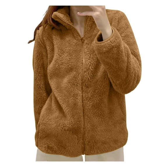Sherpa Jacket Women Fleece Full Zip Jacket Lightweight Loose Fit Cardigan Thermal Outerwear Soft Sweatshirts Yellow XL