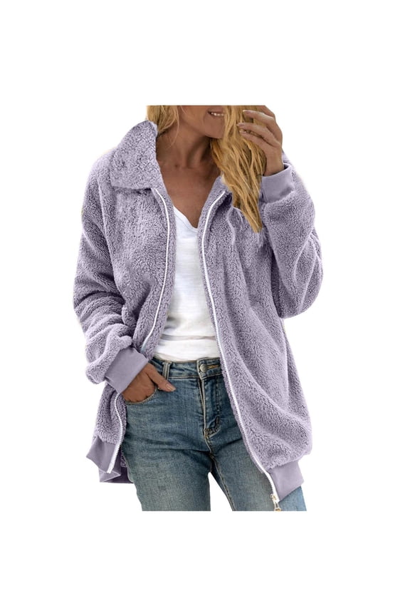 Sherpa Jacket Women Fleece Lined Coats Zip Up Fuzzy Hooded Jackets Comfy Warm Plus Size Fleece Jacket for Women Stand Collar with Pockets Coats Winter Coats