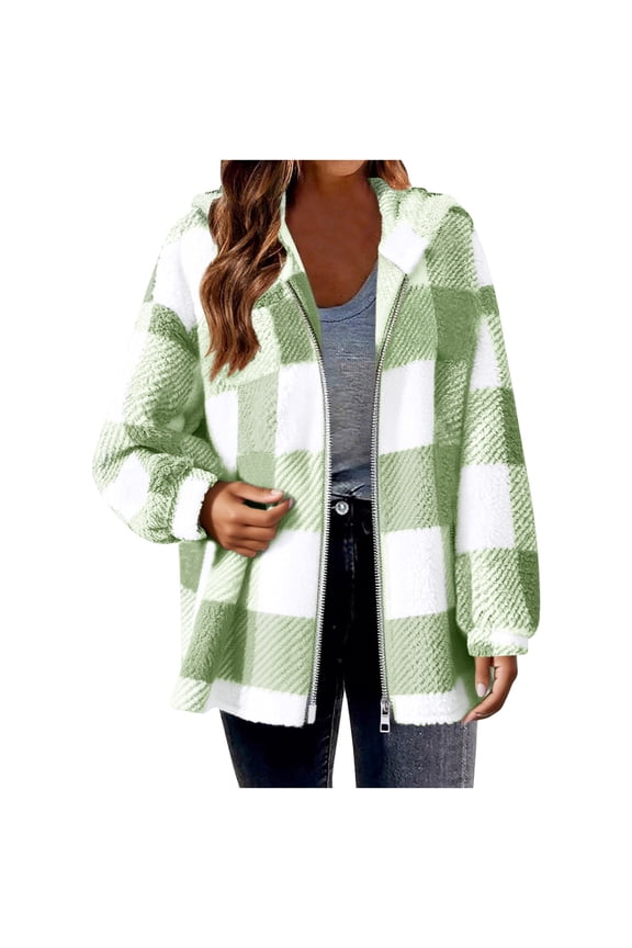 Sherpa Jacket Women Full Zip Up Hoodie Fuzzy Fleece Jacket Fall Winter Faux Fur Coat Plaid Checkered Outerwear (Green,S)