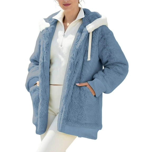 Sherpa Jacket Women Sevevn Winter Coats For Women Fleece Jacket Hooded Patchwork Cardigan Coat Outerwear With Pocket