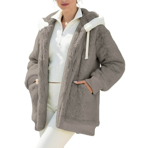 Sherpa Jacket Women Sevevn Winter Coats For Women Fleece Jacket Hooded Patchwork Cardigan Coat Outerwear With Pocket