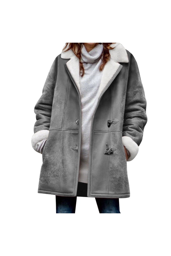 Sherpa Jacket for Women Fleece Lined Coat Fashion Lapel Deerskin Plush Shacket Horn Button Mid Length Winter Jacket Plus Size Sherpa 2025 Winter Warm