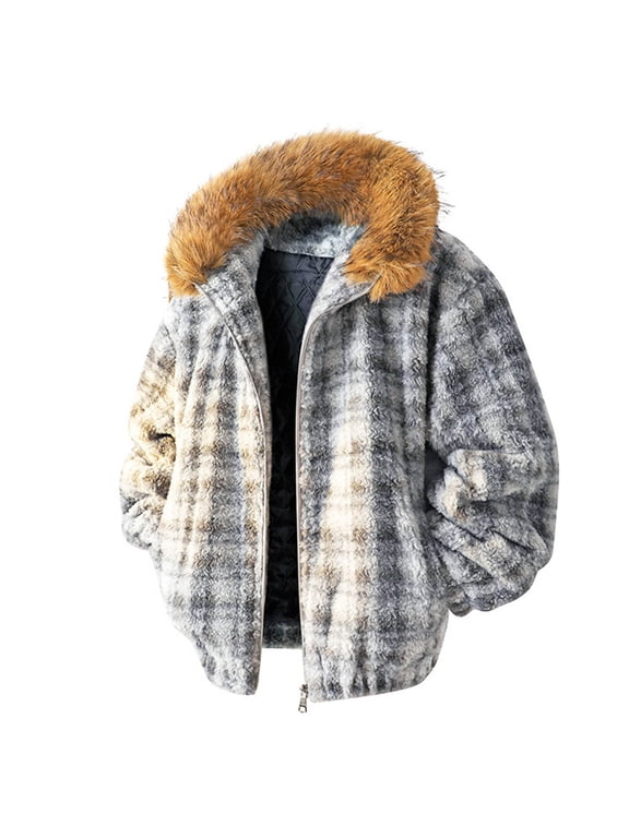 Sherpa Jackets for Man Plaid Zip Up Long Sleeve Outwear Coats Thickened Insulatedd Coat With Faux Fur Hooded Black L