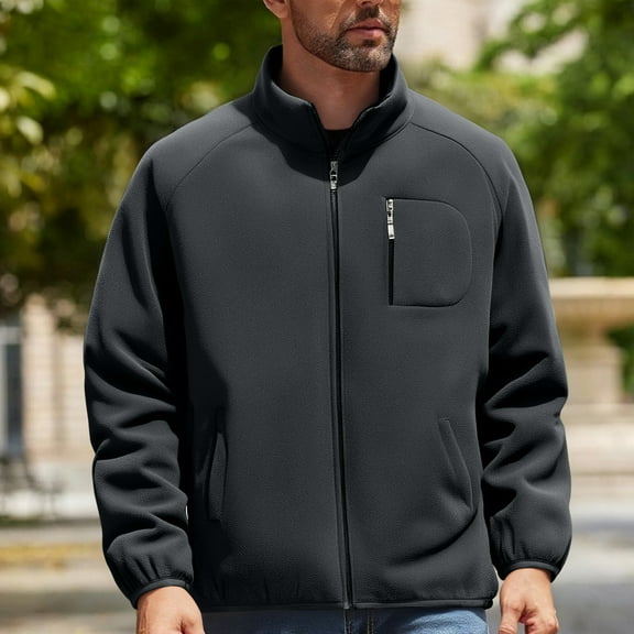 Sherpa Jackets for Men Casual Long Sleeve Stand Collar Cardigan Warm Cozy Full Zipper Outerwear with Zippered Pockets
