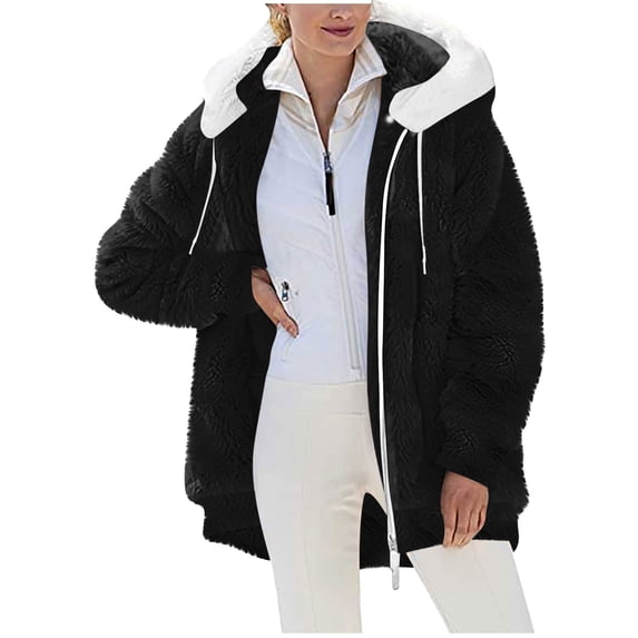 Sherpa Jackets for Women Winter Warm Heavyweight Fuzzy Fleece Hooded Coat Color Block Faux Fur Outwear with Pockets