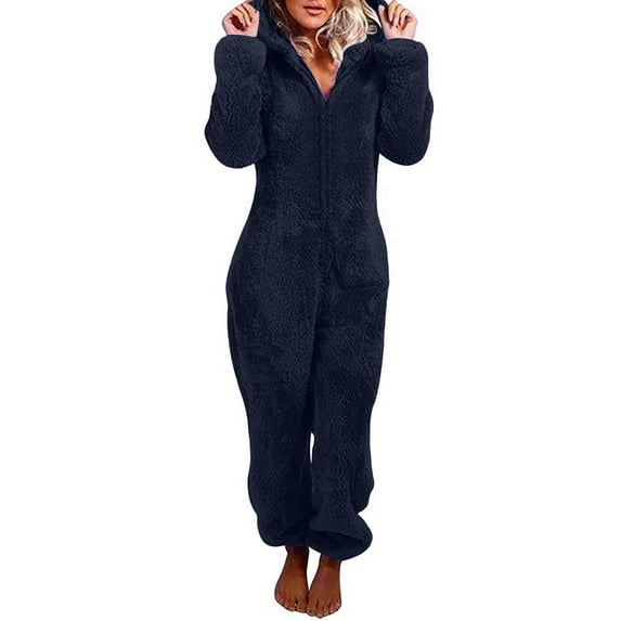 Sherpa Jumpsuit for Women Fuzzy Fleece Onesies Pajamas Winter Warm Hooded Rompers Zipper Sleepwear Long Sleeve Loungewear
