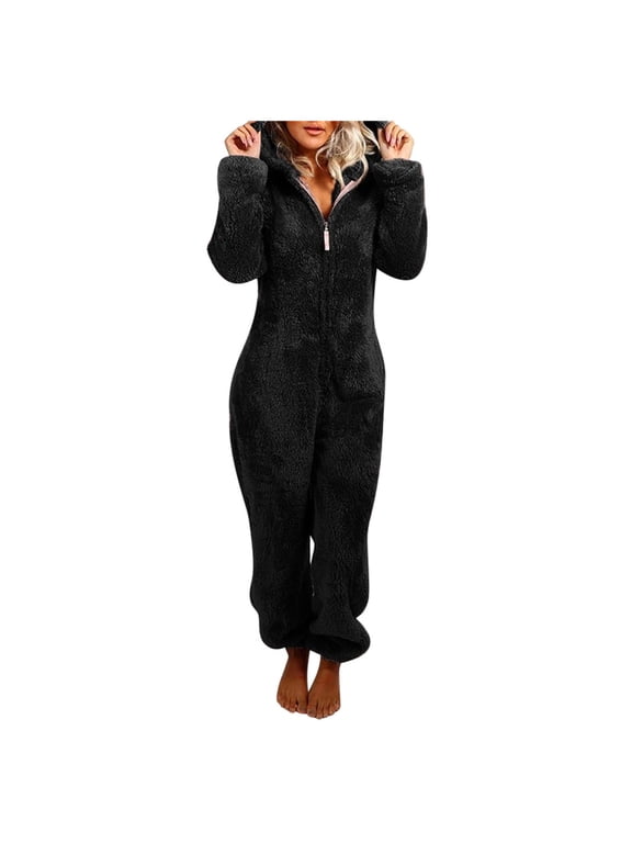 Sherpa Jumpsuit for Women Fuzzy Fleece Onesies Pajamas Winter Warm Hooded Rompers Zipper Sleepwear Long Sleeve Loungewear