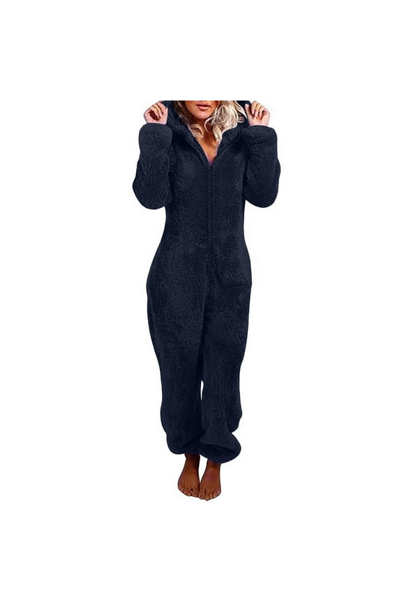 Sherpa Jumpsuit for Women Plus Size Hooded Fuzzy Pajamas Long Sleeve Onesie Pjs Furry Fleece Winter Warm Loungewear