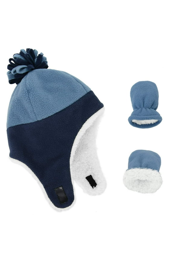 Sherpa Lined Aviator Hat Toddler Fleece Winter Beanies and Gloves for Baby Trapper Hat Bonnet with Earmuffs Newborn Cold Hats and Mittens for Boys and Girls Navy & Blue 1-2 Years