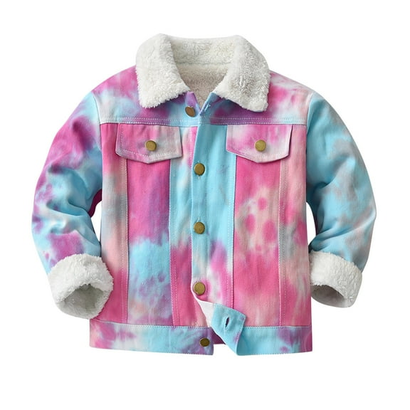 Sherpa Lined Denim Jacket Kids Tie-dye Ripped Jean Trucker Jackets for Boys Girls Long Sleeve Button up Coat (3-4 Years, Pink)