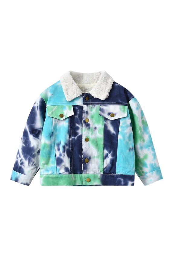 Sherpa Lined Denim Jacket Kids Tie-dye Ripped Jean Trucker Jackets for Boys Girls Long Sleeve Button up Coat (6-7 Years, Green)