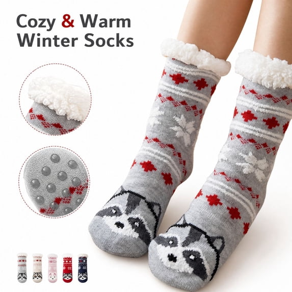 Sherpa Lined Floor Socks For Women, Indoor Slipper Socks, Plush Fleece Home Socks, Non Slip Grip Lounge Cabin Socks, Cozy Warm Winter Socks, Cute Animal Print Non Skid Bottom Socks, Gift Socks