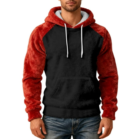 Sherpa Lined Hoodie Men Flannel Thick Color Block Casual Hoodies Sweatshirts Warm Long Sleeve Fluffy Fuzzy Big and Tall Pullover Weighted Drawstring Thermal Winter Tops with Pocket Black M