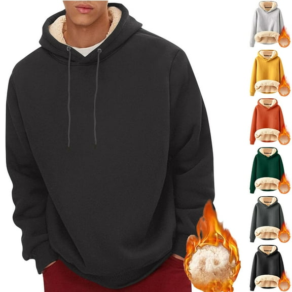 Sherpa Lined Hoodie Men Heavyweight Thick Fleece Pullover Drawstring Hooded Sweatshirt Long Sleeve Warm Winter Clothes Dark Gray L