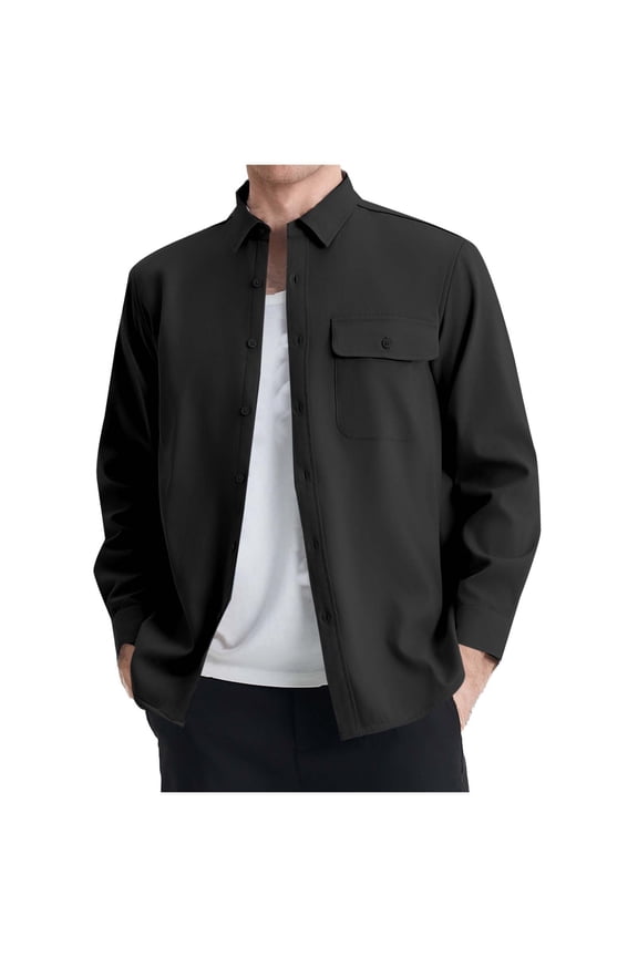 Sherpa Lined Jacket Men, Long Sleeve Button Down Fleece Flannel Shirt Shacket Jackets for Men with Pockets (L, Black)