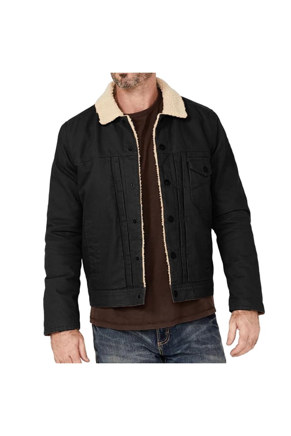 Sherpa Lined Jacket Mens Thick Warm Cropped Coat Fuzzy Lapel Collar Button Up Winter Vinrtage Moto Coat Outwear (M, Black)