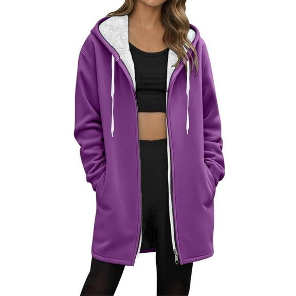 Sherpa Lined Jacket Women Casual Fuzzy Fleece Long Jackets Zip Up Oversized Long Sleeve Warm Winter Coats With Hood