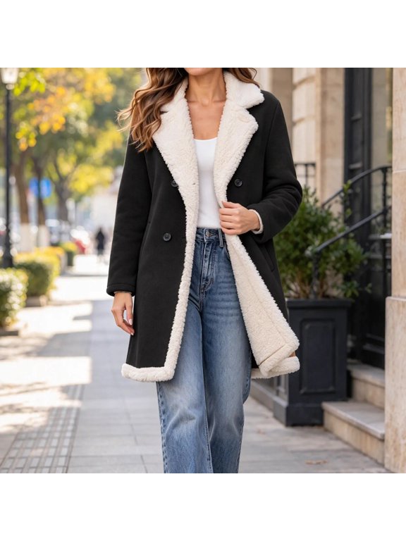 Sherpa Lined Jacket Women Double Breasted Fleece Trim Midi Long Coat Winter Fall Warm Thick Windproof Peacoat Outerwear with Pockets