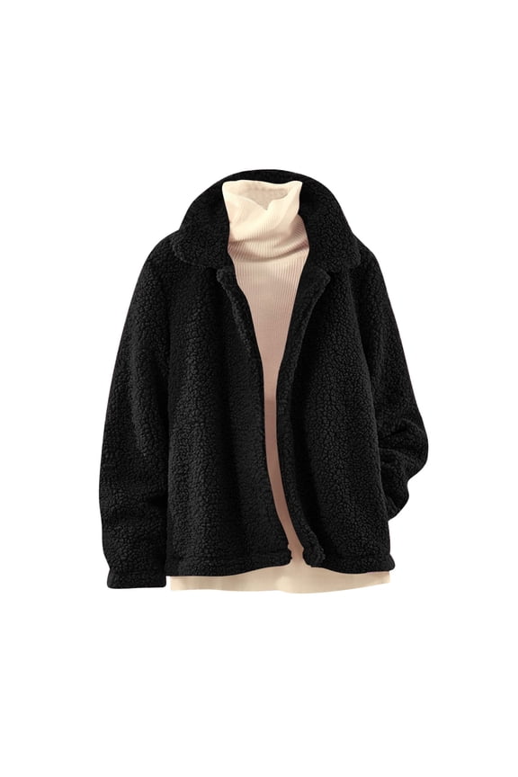 Sherpa Lined Jacket Women Winter Warm Fleece Zip Up Coats Long Sleeve Coats Casual Solid Loose Outerwear (Black,S)