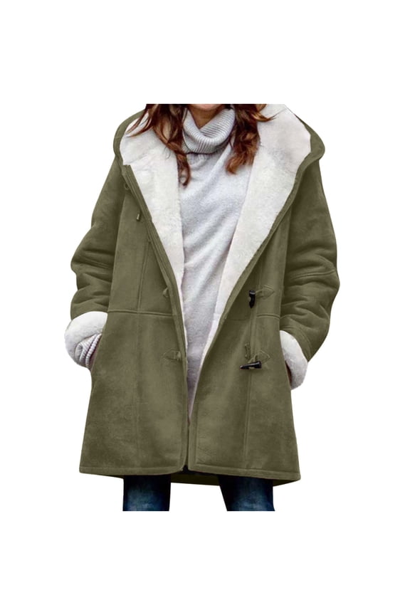 Sherpa Lined Jackets Women Winter Warm Plush Baggy Hooded Duffel Coat Thick Casual Long Sleeve Mid-length Overcoat (S, Army Green)