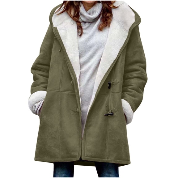 Sherpa Lined Jackets Women Winter Warm Plush Baggy Hooded Duffel Coat Thick Casual Long Sleeve Mid-length Overcoat (S, Army Green)