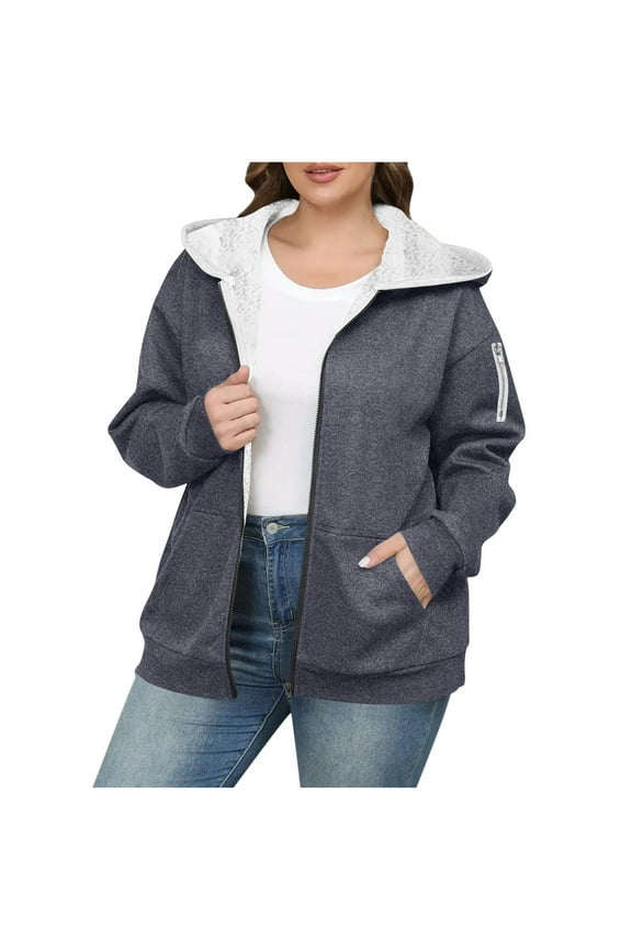 Sherpa Lined Jackets Womens Plus Size Heavyweight Cotton Fleece Hooded Winter Zipper Thick Coat with 3 Pockets (XL, Gray)