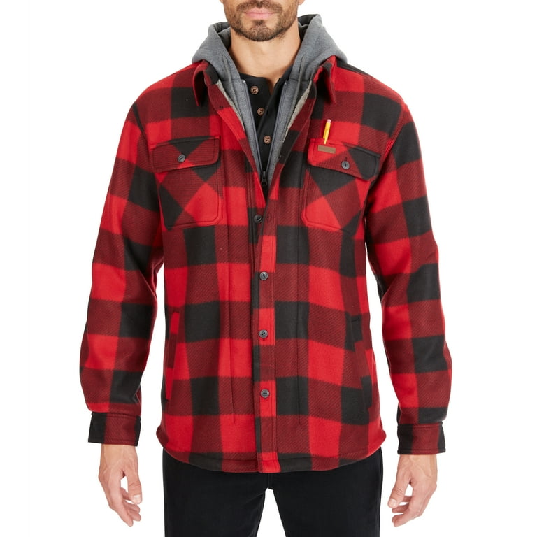 Men s Smith s Workwear Plaid Sherpa Lined Microfleece Hooded Shirt Jacket Color Red Black Size XL Walmart