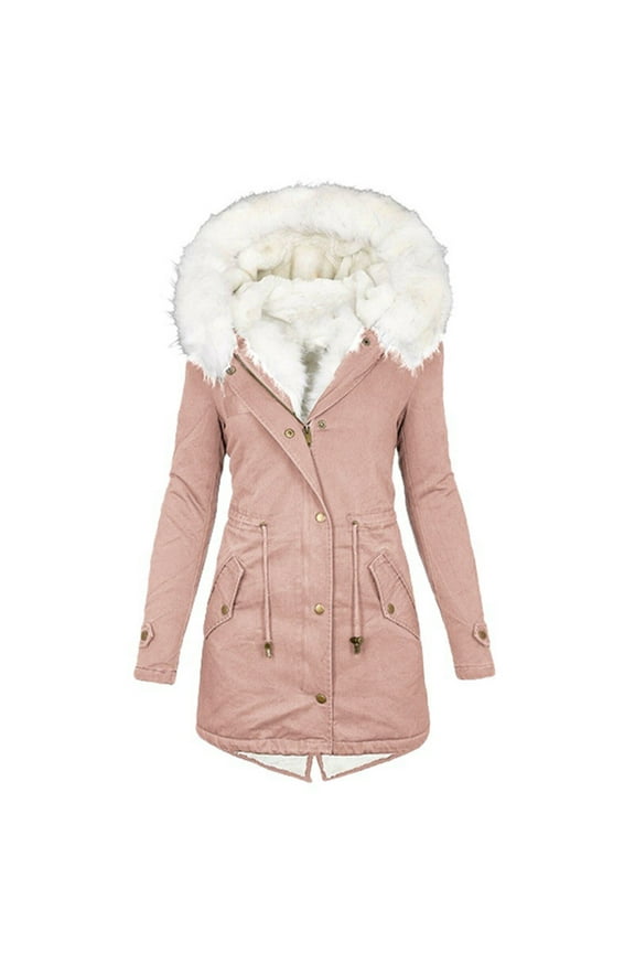 Sherpa Lined Parkas Jacket for Women with Faux Fur Hood Thickened Warm Coat Fleece Plush Cotton Tunic Long Overcoat (Large, Pink)