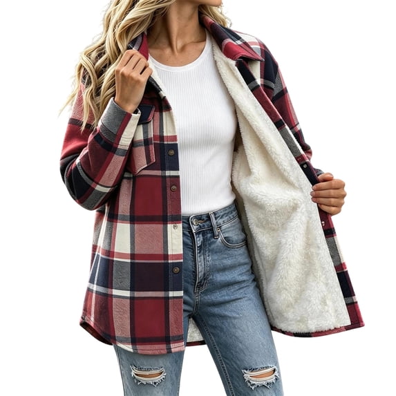 Sherpa Lined Plaid Jacket Women Long Sleeve Shacket Coat Button Down Spread Collar Warm Winter Shackets with Chest Pockets Casual Outerwear