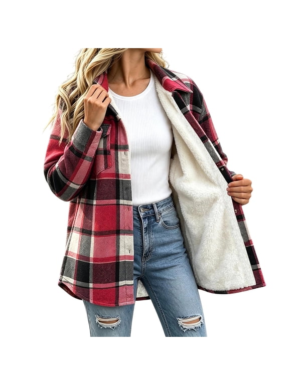 Sherpa Lined Plaid Jacket Women Long Sleeve Shacket Coat Button Down Spread Collar Warm Winter Shackets with Chest Pockets Casual Outerwear