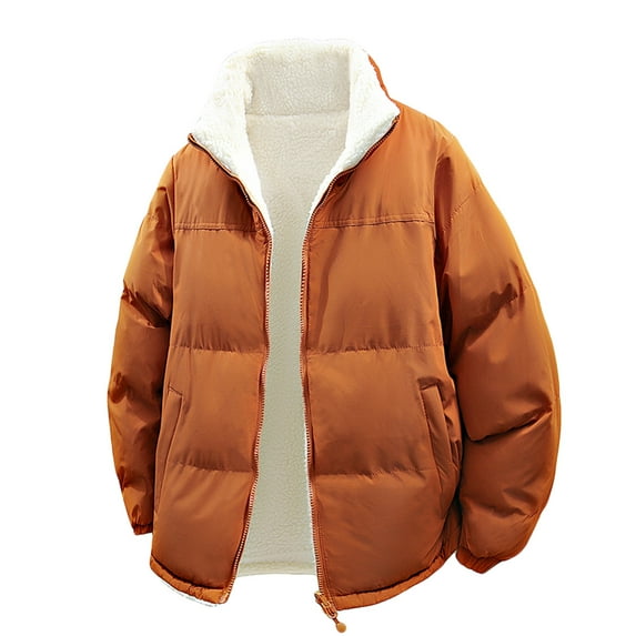 Sherpa Lined Puffer Jackets for Men Insulated Warm Long Sleeve Down Jacket Casual Winter Coat Beige M